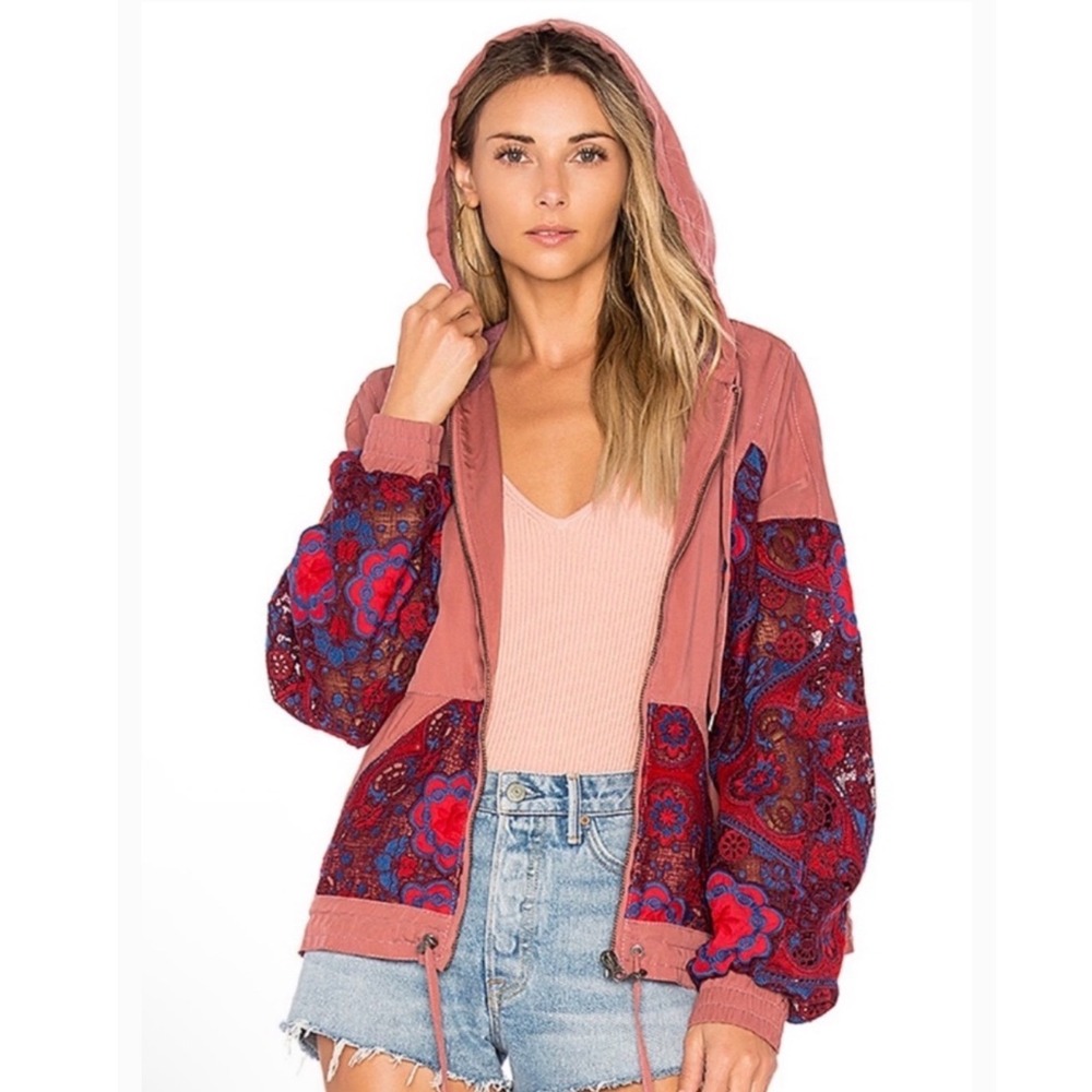 Free People Magpie Floral Lace Embroidered Hooded Jacket Mauve Red Blue Boho M